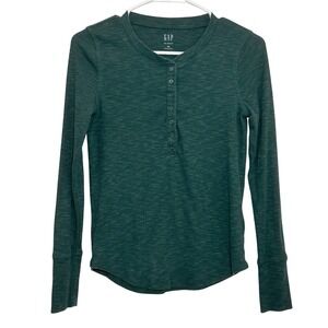 Gap Rib Henley Top Green Long Sleeve Ribbed Knit Women's XS Casual Layering Fall
